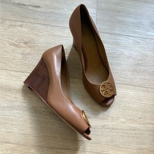 Tory Burch Brown Peep-Toe Wedge Heels with Gold Logo